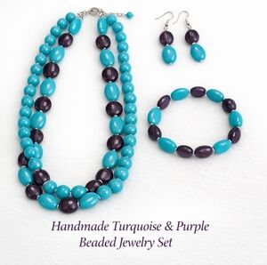 Turquoise Beaded Necklace Earrings Bracelet Set